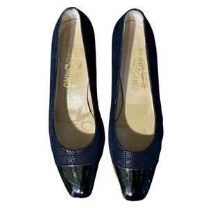 Salvatore Ferragamo Miria Suede & Patent Leather Block Heel Pumps